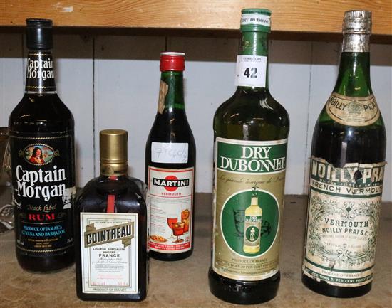 1 x bottle of Captain Morgan, 1 x Noilly Prat, 1 x Contreau, 1 x Dry Dubonnet and 1 x Martini Rosso
